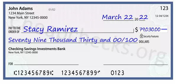 Seventy Nine Thousand Thirty and 00/100 filled out on a check