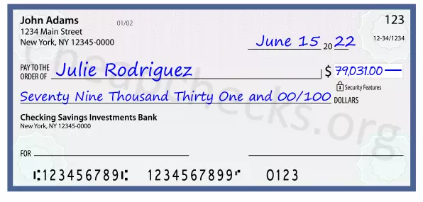 Seventy Nine Thousand Thirty One and 00/100 filled out on a check