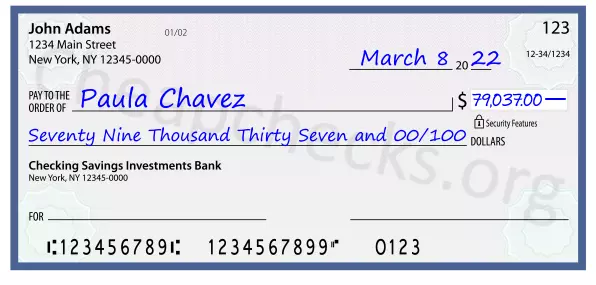 Seventy Nine Thousand Thirty Seven and 00/100 filled out on a check