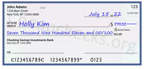 Seven Thousand Nine Hundred Eleven and 00/100 filled out on a check