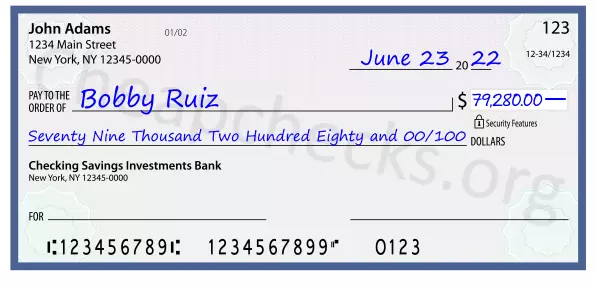 Seventy Nine Thousand Two Hundred Eighty and 00/100 filled out on a check