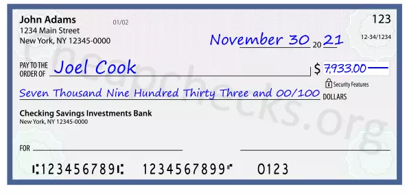 Seven Thousand Nine Hundred Thirty Three and 00/100 filled out on a check