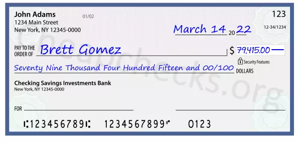 Seventy Nine Thousand Four Hundred Fifteen and 00/100 filled out on a check