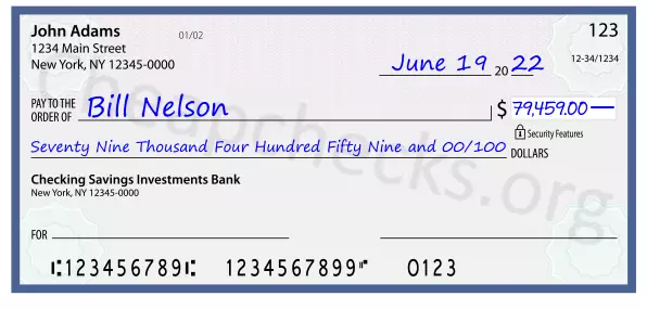 Seventy Nine Thousand Four Hundred Fifty Nine and 00/100 filled out on a check