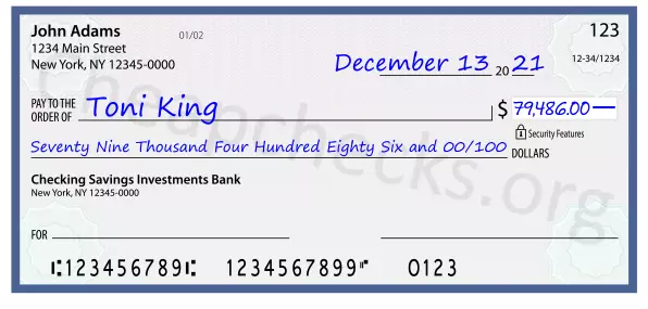 Seventy Nine Thousand Four Hundred Eighty Six and 00/100 filled out on a check