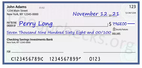 Seven Thousand Nine Hundred Sixty Eight and 00/100 filled out on a check