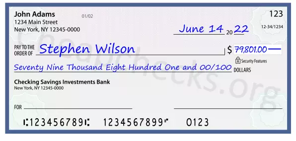 Seventy Nine Thousand Eight Hundred One and 00/100 filled out on a check