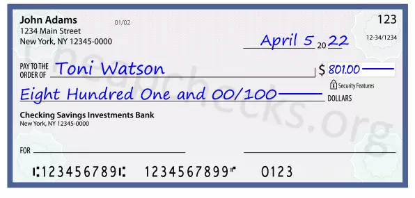 Eight Hundred One and 00/100 filled out on a check