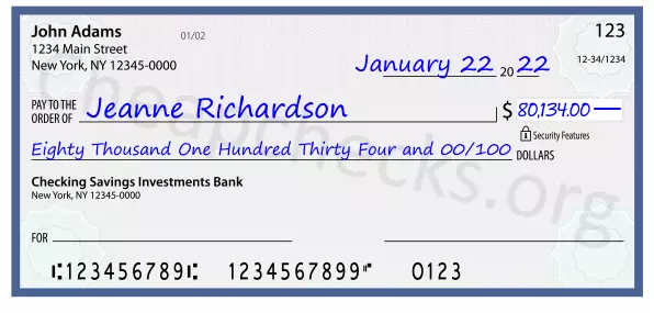 Eighty Thousand One Hundred Thirty Four and 00/100 filled out on a check