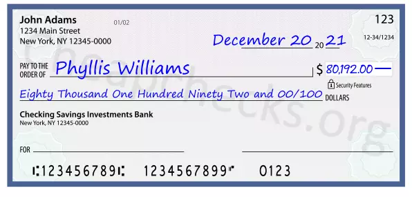 Eighty Thousand One Hundred Ninety Two and 00/100 filled out on a check