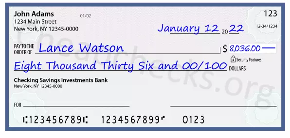 Eight Thousand Thirty Six and 00/100 filled out on a check