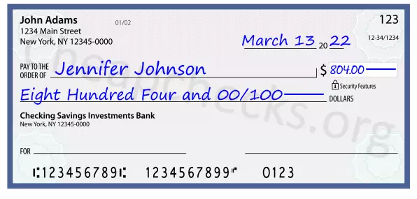 Eight Hundred Four and 00/100 filled out on a check