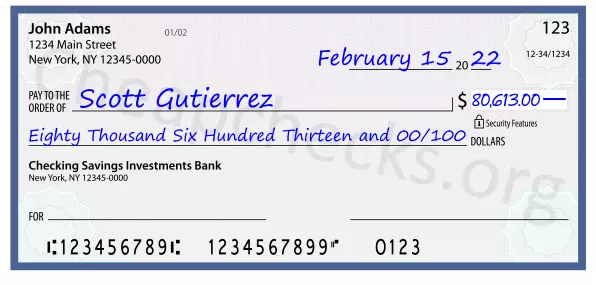 Eighty Thousand Six Hundred Thirteen and 00/100 filled out on a check