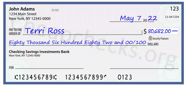 Eighty Thousand Six Hundred Eighty Two and 00/100 filled out on a check