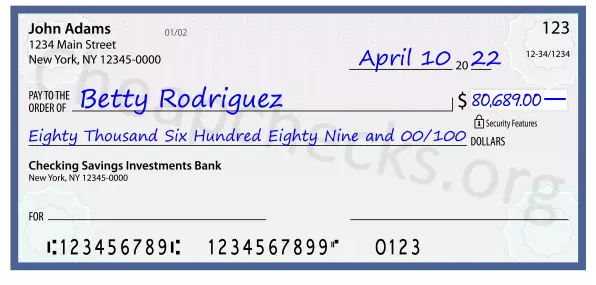 Eighty Thousand Six Hundred Eighty Nine and 00/100 filled out on a check