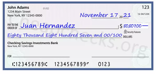 Eighty Thousand Eight Hundred Seven and 00/100 filled out on a check