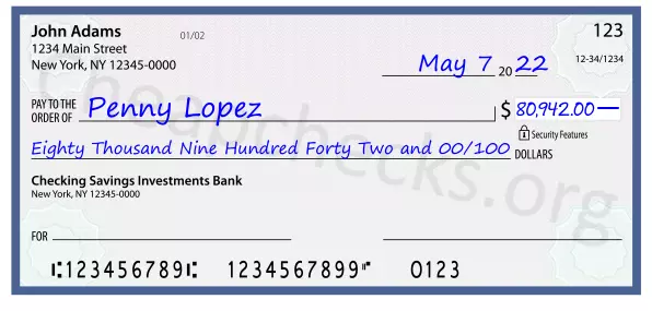 Eighty Thousand Nine Hundred Forty Two and 00/100 filled out on a check