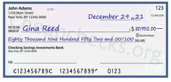 Eighty Thousand Nine Hundred Fifty Two and 00/100 filled out on a check