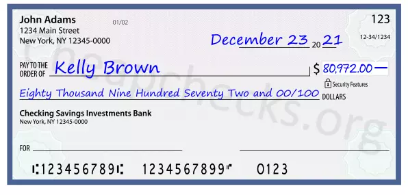 Eighty Thousand Nine Hundred Seventy Two and 00/100 filled out on a check