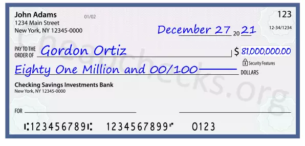 Eighty One Million and 00/100 filled out on a check