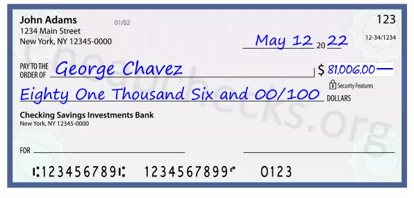 Eighty One Thousand Six and 00/100 filled out on a check