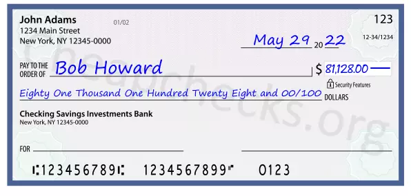 Eighty One Thousand One Hundred Twenty Eight and 00/100 filled out on a check