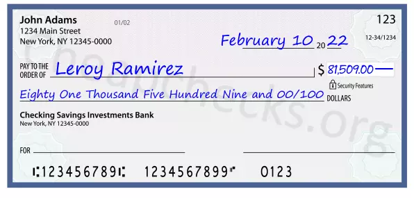 Eighty One Thousand Five Hundred Nine and 00/100 filled out on a check