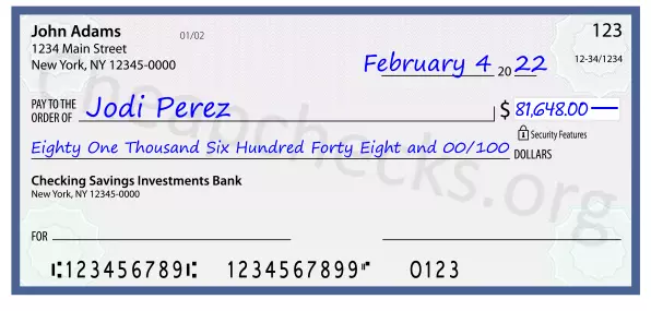 Eighty One Thousand Six Hundred Forty Eight and 00/100 filled out on a check