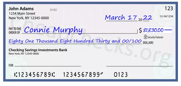 Eighty One Thousand Eight Hundred Thirty and 00/100 filled out on a check