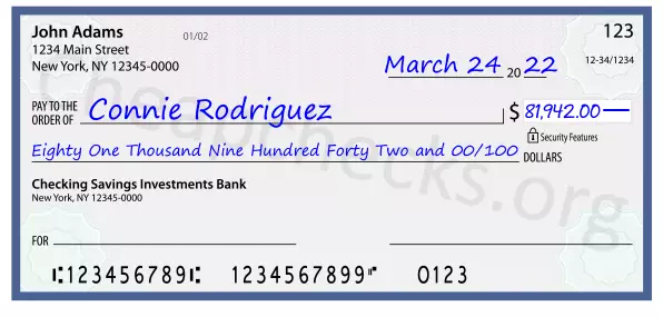 Eighty One Thousand Nine Hundred Forty Two and 00/100 filled out on a check