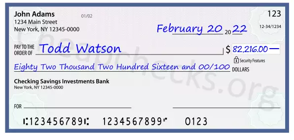 Eighty Two Thousand Two Hundred Sixteen and 00/100 filled out on a check