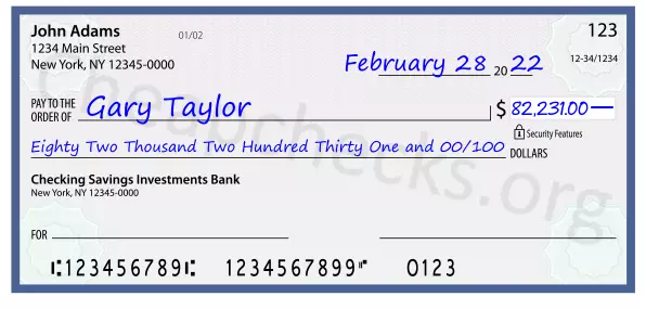 Eighty Two Thousand Two Hundred Thirty One and 00/100 filled out on a check