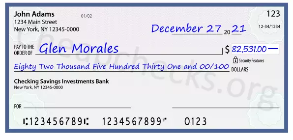 Eighty Two Thousand Five Hundred Thirty One and 00/100 filled out on a check