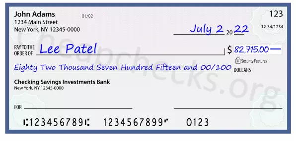 Eighty Two Thousand Seven Hundred Fifteen and 00/100 filled out on a check