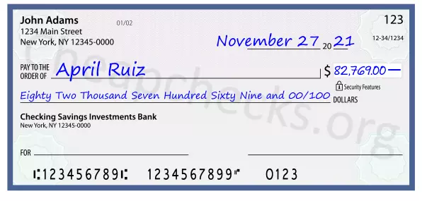 Eighty Two Thousand Seven Hundred Sixty Nine and 00/100 filled out on a check