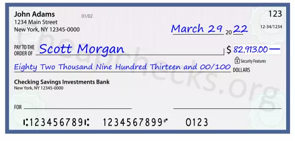 Eighty Two Thousand Nine Hundred Thirteen and 00/100 filled out on a check