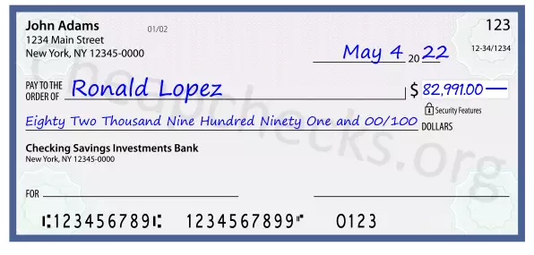 Eighty Two Thousand Nine Hundred Ninety One and 00/100 filled out on a check