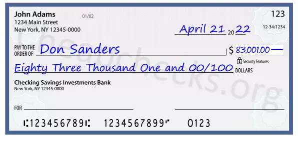 Eighty Three Thousand One and 00/100 filled out on a check