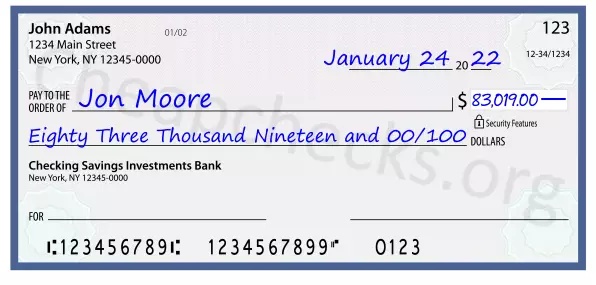 Eighty Three Thousand Nineteen and 00/100 filled out on a check