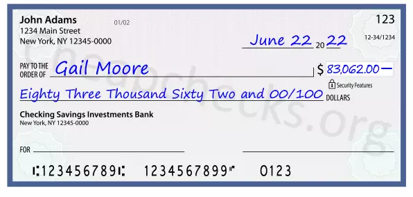 Eighty Three Thousand Sixty Two and 00/100 filled out on a check