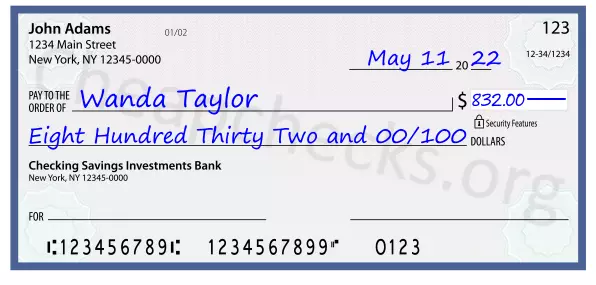 Eight Hundred Thirty Two and 00/100 filled out on a check