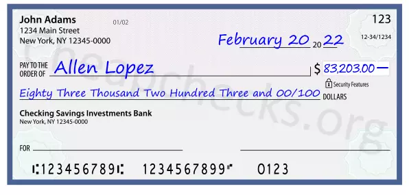 Eighty Three Thousand Two Hundred Three and 00/100 filled out on a check