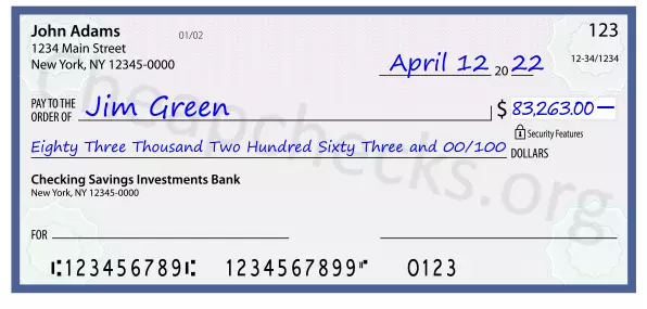 Eighty Three Thousand Two Hundred Sixty Three and 00/100 filled out on a check