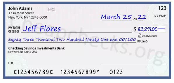 Eighty Three Thousand Two Hundred Ninety One and 00/100 filled out on a check