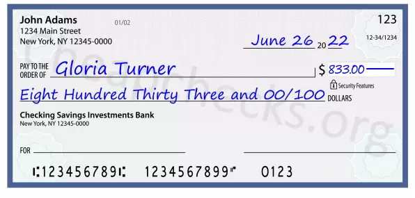 Eight Hundred Thirty Three and 00/100 filled out on a check