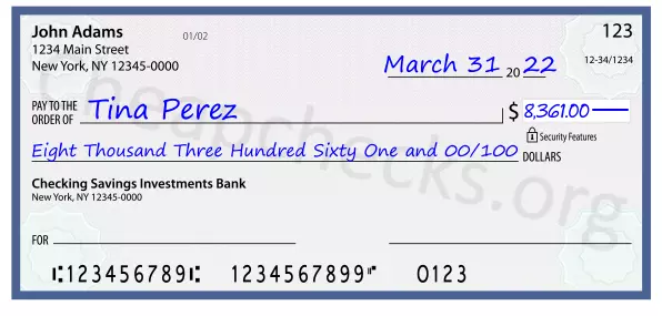 Eight Thousand Three Hundred Sixty One and 00/100 filled out on a check