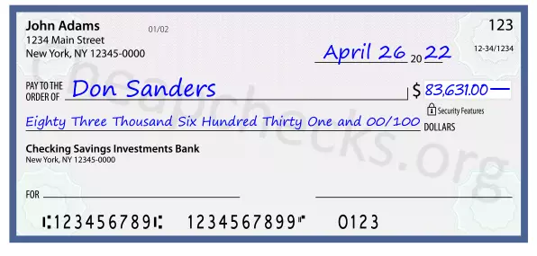 Eighty Three Thousand Six Hundred Thirty One and 00/100 filled out on a check