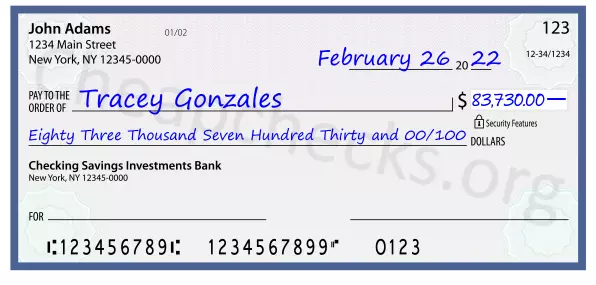 Eighty Three Thousand Seven Hundred Thirty and 00/100 filled out on a check