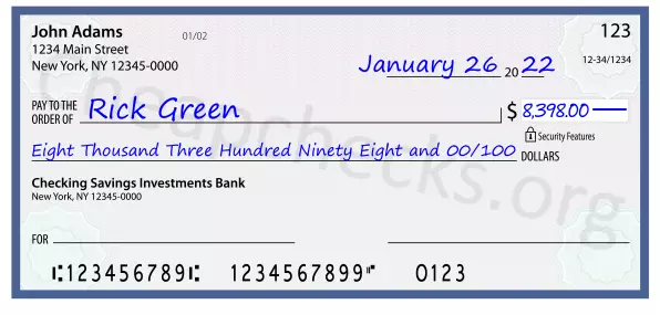 Eight Thousand Three Hundred Ninety Eight and 00/100 filled out on a check