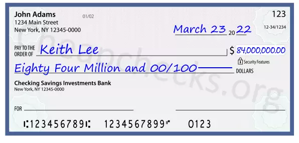 Eighty Four Million and 00/100 filled out on a check